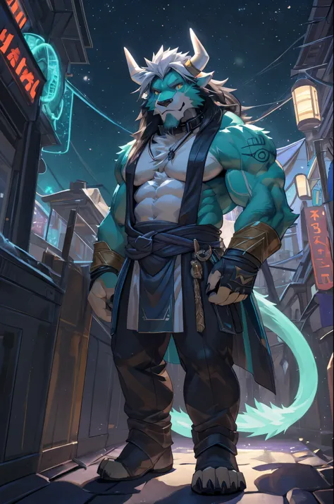 solo, anthro, furry, furry male, Teal lion, teal bull, ((fluffy fur, tall, fluffy, furry body)), (ninja outfit, lion print, bull print), yellow eyes, Bull horns, white horns, white hair, wild long hair,  white hair, bull tail, ((light teal face, moss green...