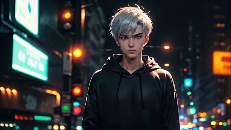 (a 20-year-old handsome man with short silver hair and black eyes :1.3), (Wearing a black hoodie :1.3), (grim eyes), (Night, modern bustling city, neon lights, blurred background, :1.4), cowboy shot, lens flare, Dadaism,look at viewer