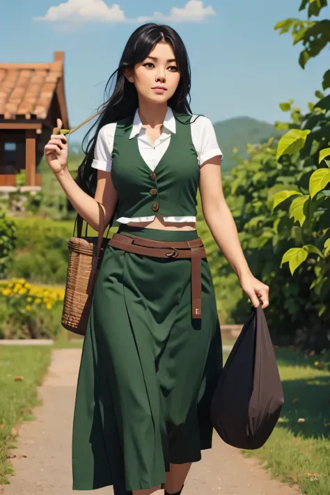 a woman with a big chest, green eyes and long dark black hair is wearing a green vest with buttons, no white shirt and shows a n...