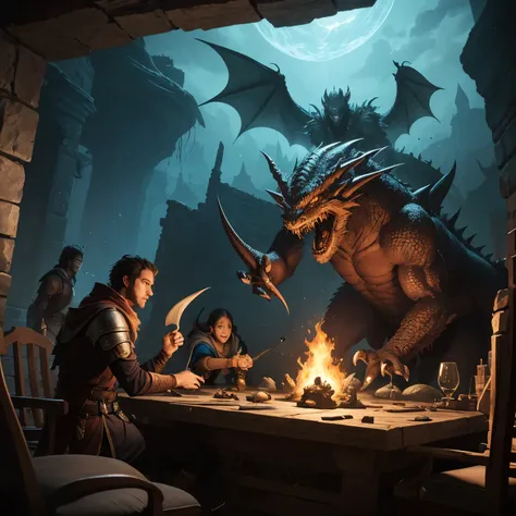 Dungeons & Dragons, Dungeon adventure, dungeon exploration, fighting monsters, magic items and other treasures, dungeon master, diving into dungeons in a fantasy world, defeating the dragon-like monsters that lurk there and taking their treasures,