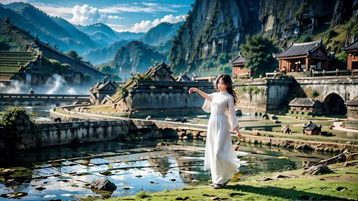 ((A beautiful picture depicting a Vietnamese hometown)), The focus of the scene is on a field with steps leading up to a staircase. In the field, there are Vietnamese farmers working diligently. The atmosphere is filled with the warm glow of beautiful suns...