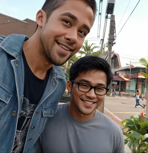 (Best quality, 8k, 32k, Masterpiece, UHD:1.2)  "Generate an image featuring a chubby Filipino man with short black hair and eyeglasses, standing next to a celebrity ladies of Ryan Gosling ((Ryan Gosling)). Both individuals are posing together and smiling a...