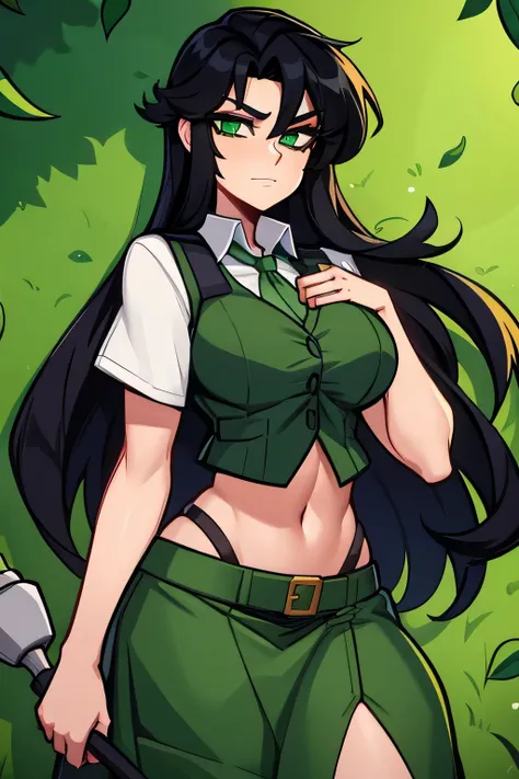 A woman with a big chest, green eyes and long dark black hair is wearing a green vest with buttons, no white shirt and shows a navel, she is wearing a longer, light green skirt, she is carrying a hand blowing leaves.