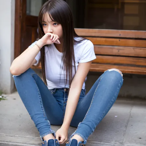 a girl wearing tight jeans who has a habit of biting her nails.