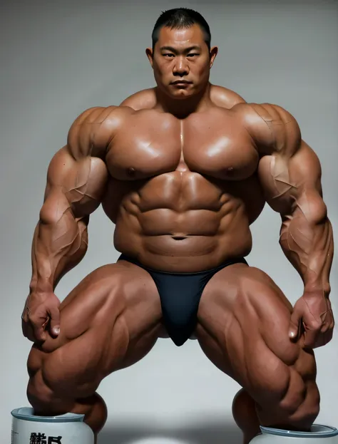 Bulk Bodybuilder,muscleGod,musclehunk, Japanese,male people，He was about 40 years old，Rough and handsome lookusculature，Oversized muscles，Oversized pectoral muscles，naked，Big waist round，Chest hair，Sit by the water，Wearing a tong，buzz cut, vred, scowling, ...