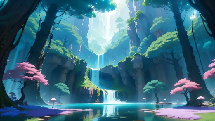 Fantastic forest painting with bridge and waterfall, wakfu colors + symmetry, background artwork, background art, colorful concept art, anime scenery, anime background art, anime countryside scenery, anime sceneryのコンセプトアート, dreamy psychedelic anime, lush e...