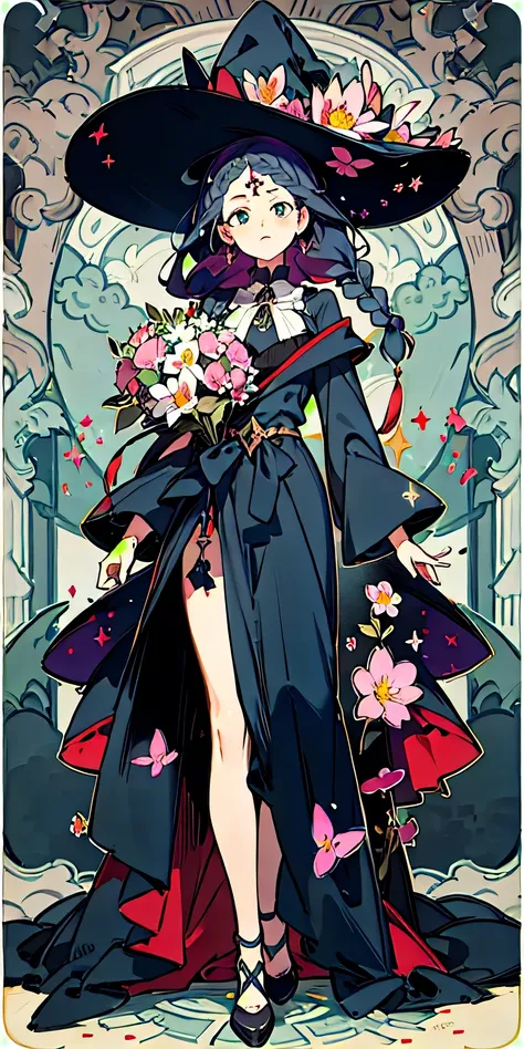 ((fair, masterpiece)), 1 girl, witch, dark color, ((whole body)), flowers, spell, magic, (Detailed face, fair face), Braided hair,