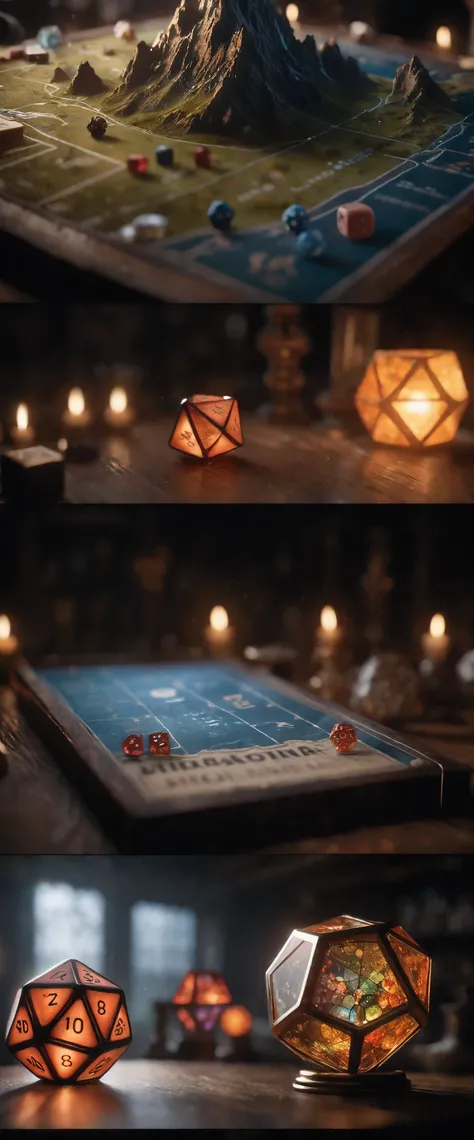 ((Masterpiece in maximum 16K resolution):1.6),((soft_color_photograpy:)1.5), ((Ultra-Detailed):1.4),((Movie-like still images and dynamic angles):1.3). | (Macro shot cinematic photo of a DnD table), (DnD tabletop map), (DnD dice), (macro lens), (DnD booksh...