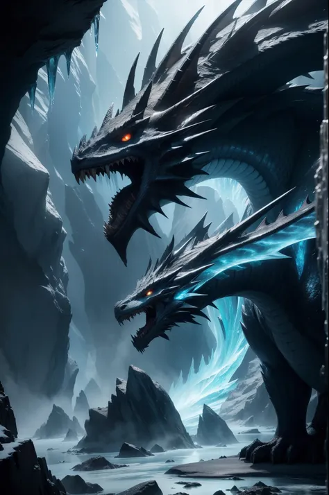 (best quality,4k,8k,highres,masterpiece:1.2),ultra-detailed,realistic,ice dragon in Dungeons,crystal clear scales,dazzling blue eyes,sinister expression,fierce looking teeth and claws, scales are ice crystals,majestic wings,icy breath,glowing crystals in t...