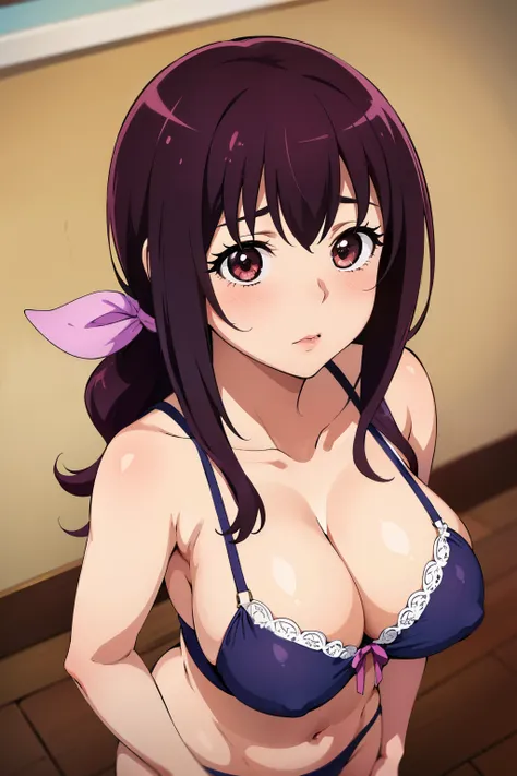  highest quality, High resolution, 1 girl, focus only, (big breasts:1.2), it is in it, hair ribbon, blush, embarrassing, (From above:1.2). lingerie