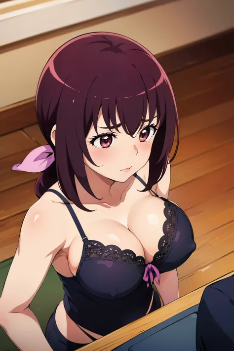  highest quality, High resolution, 1 girl, focus only, (big breasts:1.2), it is in it, hair ribbon, blush, embarrassing, (From above:1.2). lingerie