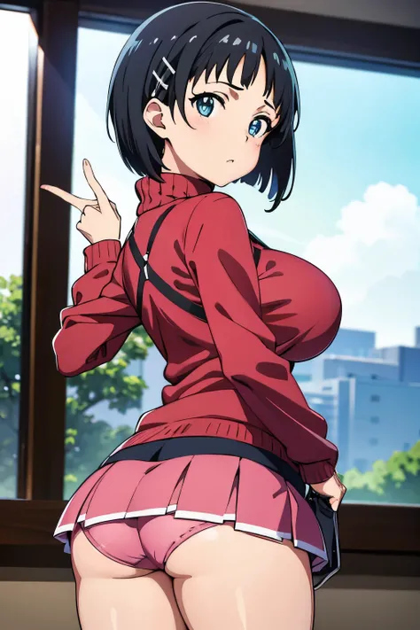 Huge , Naoha Kirigaya(Sword Art Online), 1 girl,real、 bob hair, hair clip, masterpiece、highest quality、sweater、Huge tit、Sexy、School、dynamic angle, view with camera、Big breasts that are about to burst:1.7、tight mini skirt、pants are visible、pointing your but...