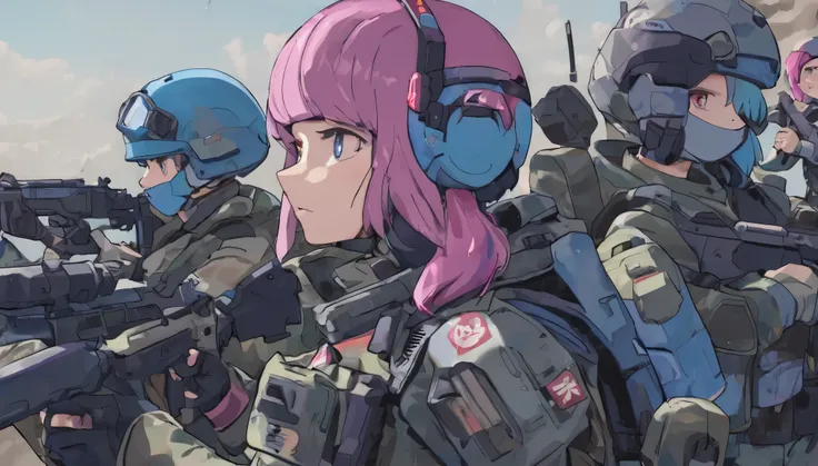 opposite wall、Enemy soldiers raising their hands in the back、ruins、battlefield、magenta hair、A blue-haired android girl pointing her gun at an enemy soldier.、Enemy soldier wearing a helmet、A girl hiding behind a wall and aiming a gun at an enemy