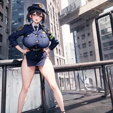 (solo:1.3), (1 policewoman), police uniform, very tight miniskirt, thigh gap, stiletto heels, narrow shoulders, (bursting disproportionately huge breasts:1.2), narrow waist, (slim hip), (skinny long legs), short hair, open legs, pigeon toed, right hand on ...