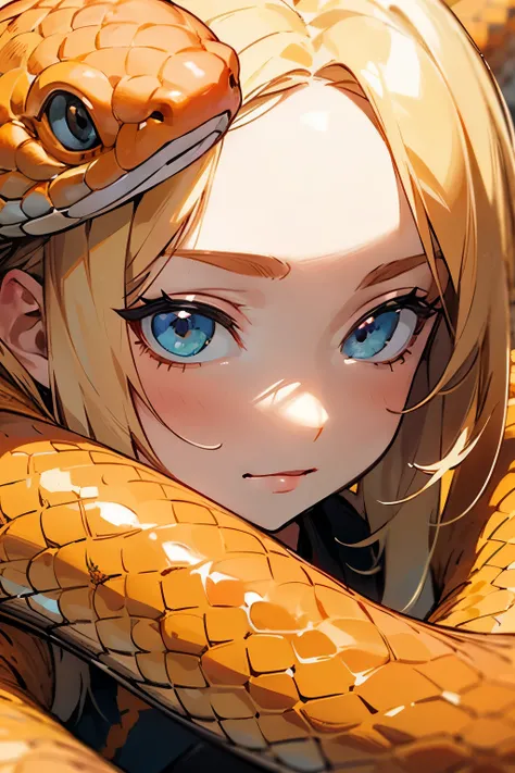 ((best quality)), ((masterpiece)), (detailed), perfect face, with orange snake, girl, blonde hair, orange snake around neck
