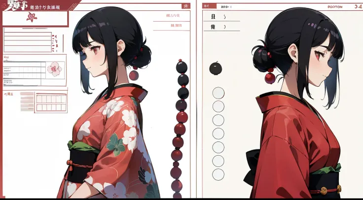 16 years old, Black Hair Girl, Hair length to the armpits (((happy flirty look))) ,japanese kimono, ((Odango hairstyle)) (((detailed character sheet, Front view, Side view, 3/4 view)))