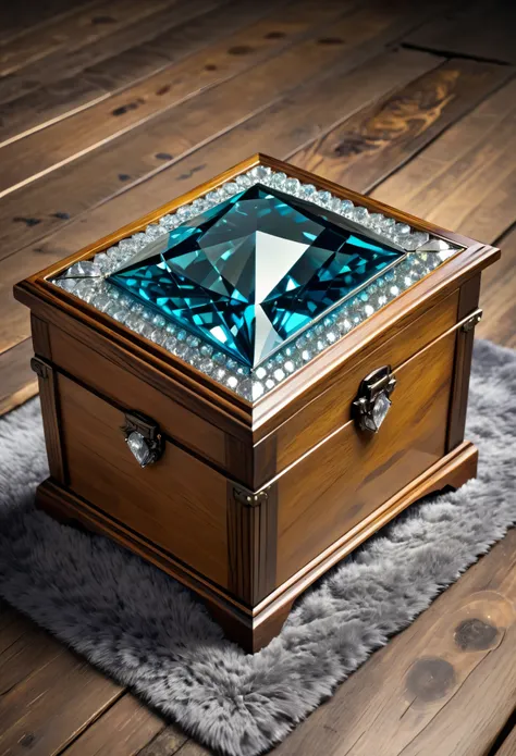 a panoramic view of a wooden box, (best quality, 8k, high resolution, masterpiece) with a chest about twenty centimeters wide, filled with diamonds