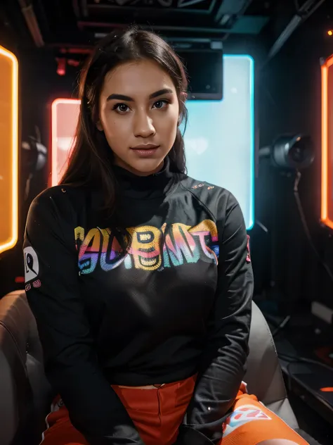 In the image, a YouTuber sits facing the camera, their expression engaged and enthusiastic. The background is adorned with vibrant RGB lighting, creating a captivating visual atmosphere. The lighting is expertly set up, casting a flattering glow on the You...