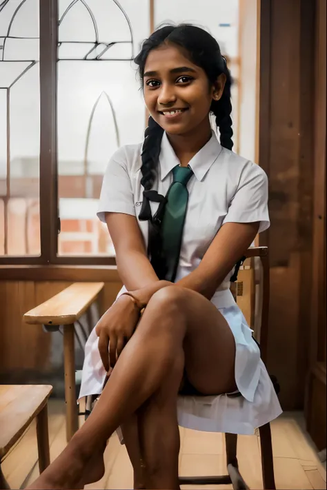 Cinematic view, photo realistic image, Sri Lankan school girl, 20 years old, wearing a white frock and a colored tie. She has plaits, black braided long black hair, tanned color, natural skin, Sri Lankan girl, sitting in a chair, cross legs, legs on the ta...