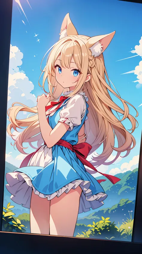 (official art、highest quality、Unity 8k 壁紙、32k、masterpiece、super detailed、超A high resolution)、Fantastic、((alice in wonderland))、blonde、tie hair with ribbon、blue colored eyes、Blue Apron Dress、white socks、playing cards、Usagi