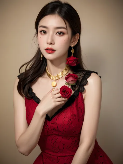 8k, original photo, fujifilm, styled photo of a beautiful 45 year old woman, square face, a red rose around the neck, wearing a ...