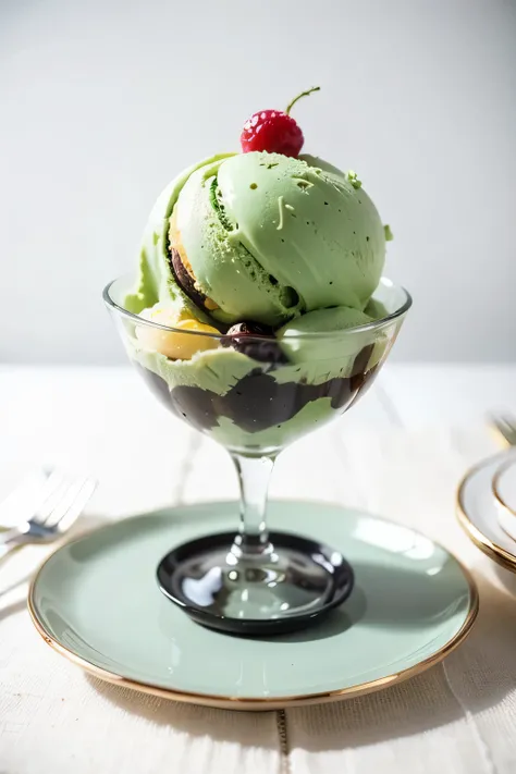 green ice cream balls，decorative plate