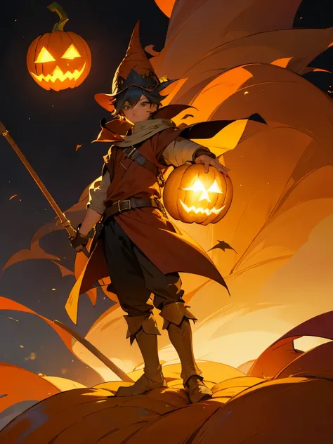 Adventurer from a fantasy world who wears a pumpkin on his head 