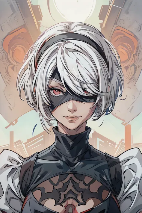 girl, nier, 2b, nier automata, right eye brigh red, left eye bright blue, smile, white hair, white clothes, small , hero face, hidden, long white hair free, left eye red, left eye bright red, sharringan on left eye.