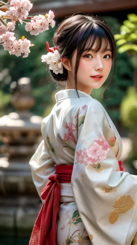 ff7 aerith, futuristic scene, mechanically enhanced japanese geisha、elegant in an elaborate garden. she has beautifully detailed...