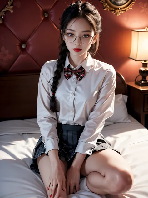 raw photo, 8k, (top-quality), Realistic, (real picture, Intricate details), (natural skin texture, detailed skin, hyper realism, sharpness), (Japanese teenage glasses girl sitting on bed in a hotel), (school uniform), White shirt, open front, black bra, sh...