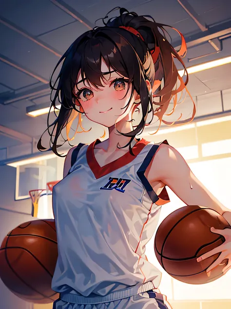 best image quality, cute girl, (((basketball player))), uniform, a lot of sweat, mouth open, gym, brown ponytail, mega tits, smile, hottest, jump shooting, uplifting, exciting face, look down, nipples, white sigh