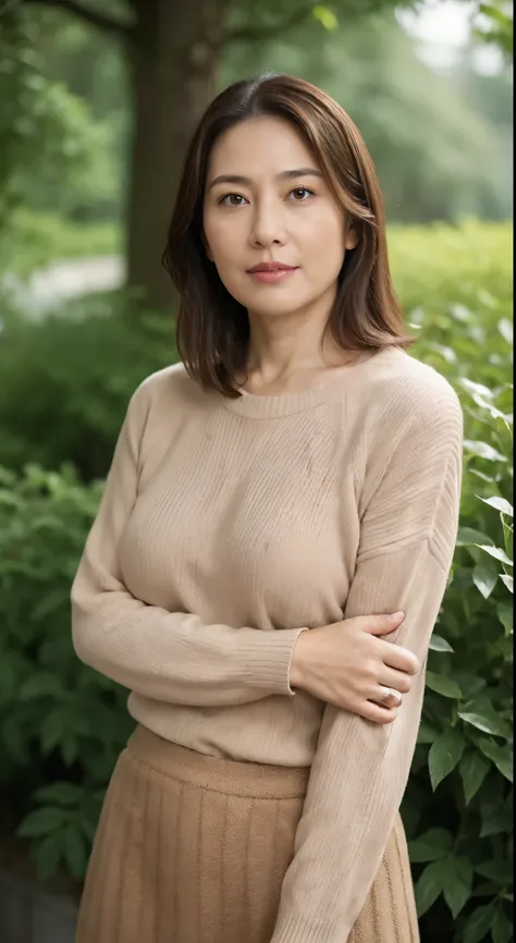 stand up straight, Aim towards the center of the screen, Shut up and think seriously(Serious), look straight in the face., Mature 50-year-old Japanese woman of average body type., On a rainy garden background, Leaving the garden out of focus on a rainy day...