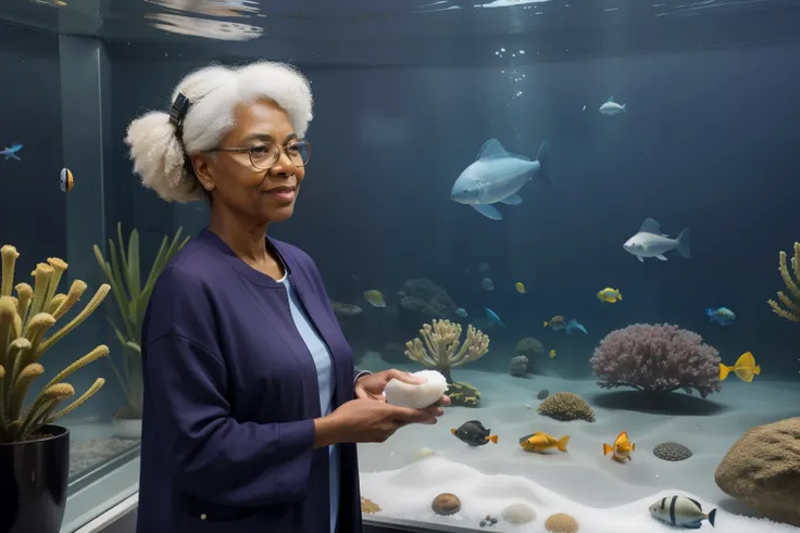 Sowell Bay, Washington, 2023. An old ((((60-year-old)) Tova Sullivan)), at the acuarium, night cleaner,  ((((clothings from the 2020s)))), ((salt and pepper hairstyle of the 2020s))