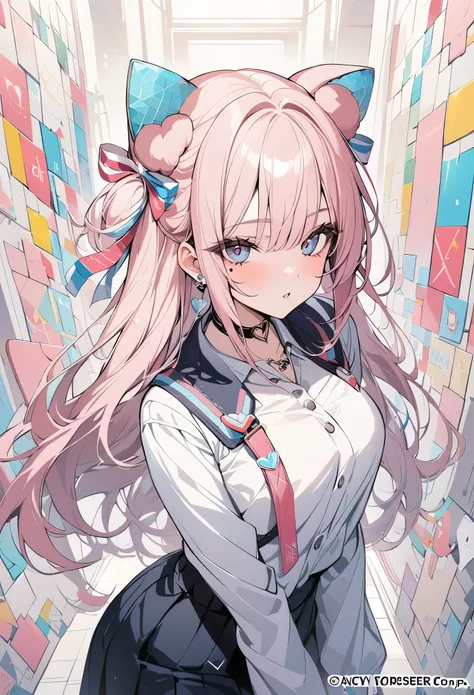 ,beautiful flower々）,mole under eye, heart shaped choker, (masterpiece, highest quality), official art, beautiful and aesthetic: 1.2), (1 girl), very detailed, (geometry art: 1.3), colorful、pink bob hair、bear ears、 college uniform、whole body