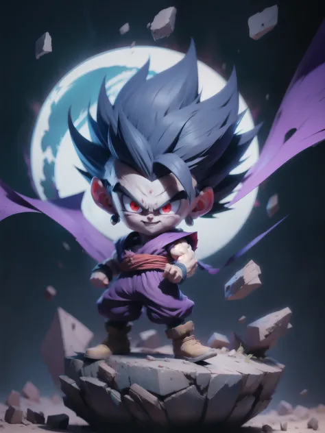 masterpiece, best quality, ultra-detailed, Adult Gohan 1boy, solo, Full body, evil smile, grey hair, spiked hair, (((red eyes))), (((perfect eyes))), (((PURPLE dougi))), full body, looking at viewer, male focus, earth (planet), planet, space, cracked groun...