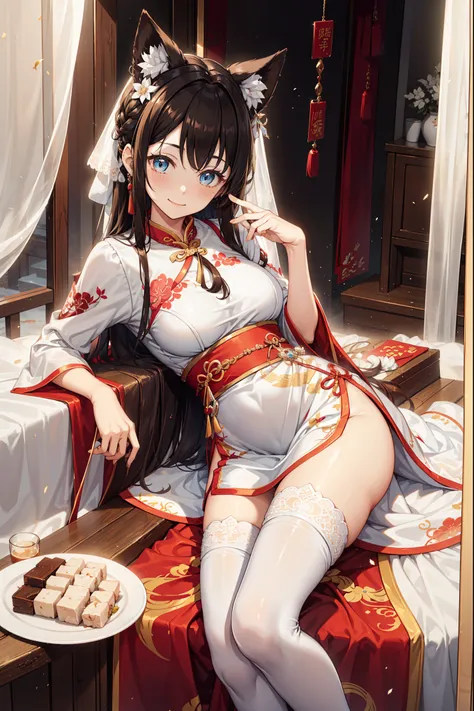 teenage girl，holy，charming，(pure white elegant cheongsam:1.2)，transparent clothes，(black thigh socks)，(brown hair:1.2)，blue eyes...