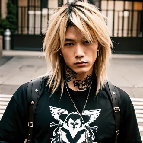 1 man, Japanese man, male, Asian eyes, muscular, broad shoulders, yakuza tattoos, hairstyle Visual Kei style, hair Visual Kei, black mens shirt and black pants, ultra detailed face, hyperrealistic, realistic representation, long hair, long hair, 30 years o...