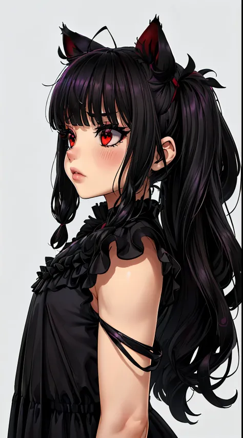 (una chica ,((long hair slightly wavy slightly past the shoulders, black bangs, small black pigtails on the sides, cute cat ears, beautiful thin red eyes)),),(hermosos ojos detallados,hermosos labios detallados,ojos y rostro extremadamente detallados,long ...