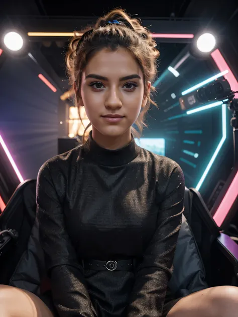 In this captivating image, a YouTuber commands attention as they sit confidently in front of the camera. Their face is bathed in soft, diffused lighting, highlighting every detail with clarity and depth. Behind them, a mesmerizing RGB background pulsates w...