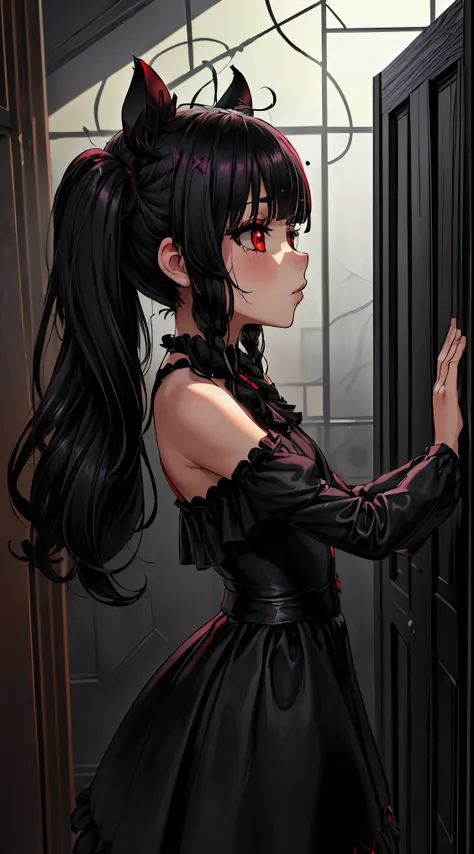 (una chica ,((long hair slightly wavy slightly past the shoulders, black bangs, small black pigtails on the sides, cute cat ears...