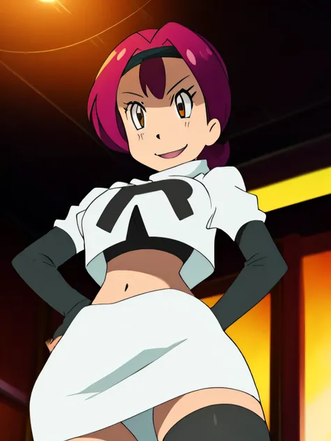 8k, masterpiece,highres, team rocket uniform, red letter r, white skirt,white crop top,black thigh-high boots, black elbow gloves, smiling, looking down at viewer, hands on hips, cowboy shot, zettai ryouiki,from below, black panties,anime style, vivid colo...