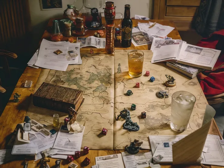 (best quality, masterpiece:1.2), image of a tabletop dungeons and dragons session at home, dungeon maps, miniatures, dice, papers, rule books, drinks, kodak