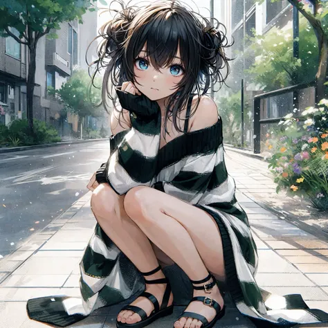 anime girl sitting on the ground in a striped dress, cute anime girl, beautiful anime girl, anime girl, young anime girl, anime style 4 k, beautiful anime girl squatting, pretty anime girl, (anime girl), an anime girl, attractive anime girl, anime style. 8...