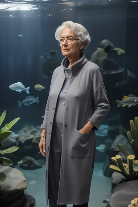 Sowell Bay, Washington, 2023. An old ((((70-year-old)) Tova Sullivan)), norwegian woman, at the acuarium, night cleaner,  ((((cleaner clothings from the 2020s)))), ((grey hairstyle of the 2020s))