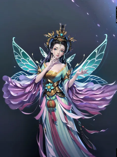 （masterpiece，super detailed，HD details，highly detailed art）1 fairy，barefoot，silk，Transparent colored wings behind，Xian Xia，alone，Highly detailed character designs from East Asia，Game character costume design，ultra high resolution, sharp focus, epic work, m...