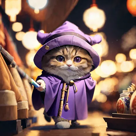 wearing a purple hat、Wearing a purple cloak、Purple Wizard Clothes、has a cane、night view in the background