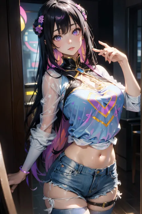 ((masterpiece)), best quality, absurd, Super detailed, holographic, Cowboy shooting, super cute girl, mature girl, super beautiful asian girl，Has very beautiful violet glowing eyes, Beautiful glowing white multicolored black hair, Beautiful and sexy body, ...