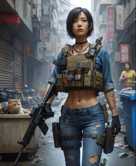  ８K,realistic photo、realistic skin texture、Beautiful Japanese women living in America、back alley in the city、garbage scattered on the street、Garbage can、stray cat、dirty shirt and jeans、nike air force 1 sneakers、bulletproof vest、automatic rifle、short cut ha...