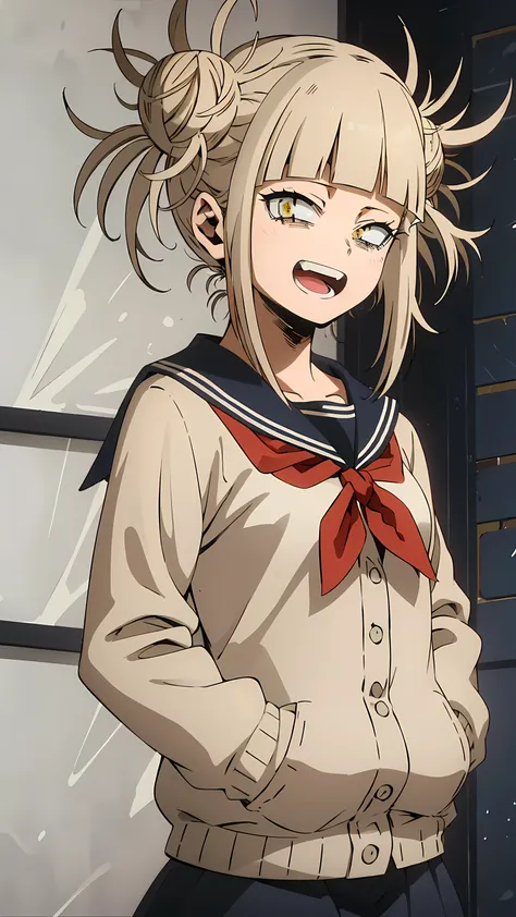 himikotoganova, (1girl, solo), (perfect eyes), blonde hair, double bun, messy hair, bangs, yellow eyes, serafuku, bags under eyes, smile, open mouth, blue skirt, long sleeves, looking at viewer, hands in pockets, red neckerchief, upper body