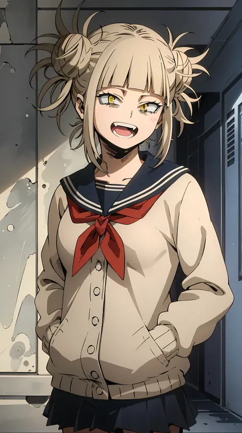 himikotoganova, (1girl, solo), (perfect eyes), blonde hair, double bun, messy hair, bangs, yellow eyes, serafuku, bags under eyes, smile, open mouth, blue skirt, long sleeves, looking at viewer, hands in pockets, red neckerchief, upper body